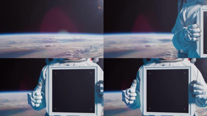 宇航员穿着白色宇航服，带有方形板，带有跟踪器和色度键，手对着地球