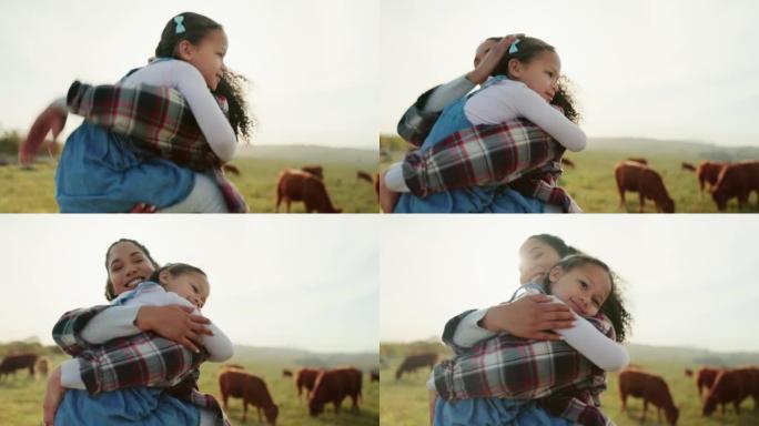 快乐的家庭农场，拥抱和母子纽带，一起在活生生的农场放松或享受美好时光。农村自然草地上的农民妈妈和小女