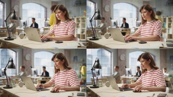 在现代宽敞的办公室中使用笔记本电脑的白人女性肖像。客户专家在富有成效的一天中微笑着。在后台工作在计算