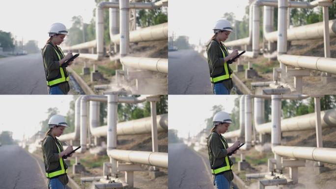 女工程师检查炼油厂工业现场的状况