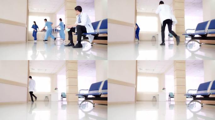 4K UHD dolly拍摄低角度拍摄: 医院格尼担架床上的新患者被送往急诊室，而医生则休息。