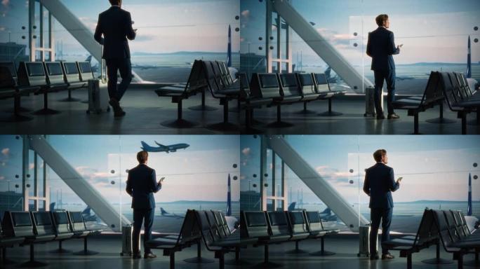 机场航站楼: 带滚动行李箱的商人，使用智能手机应用程序进行电子商务。旅客的后视图轮廓在飞机枢纽的登机