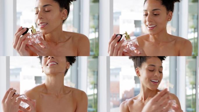 香水，气味和气味与一名黑人妇女在她家浴室的皮肤或身体上喷洒产品。奢华，化妆品香水瓶与一个快乐的女性使