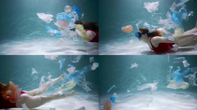 塑料问题。年轻的旅游女子在水中游泳，周围是漂浮在慢动作周围的垃圾。