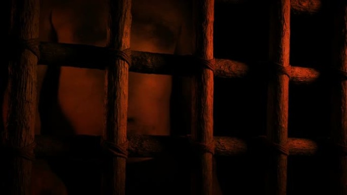 囚犯接近铁栏，将其置于火光中