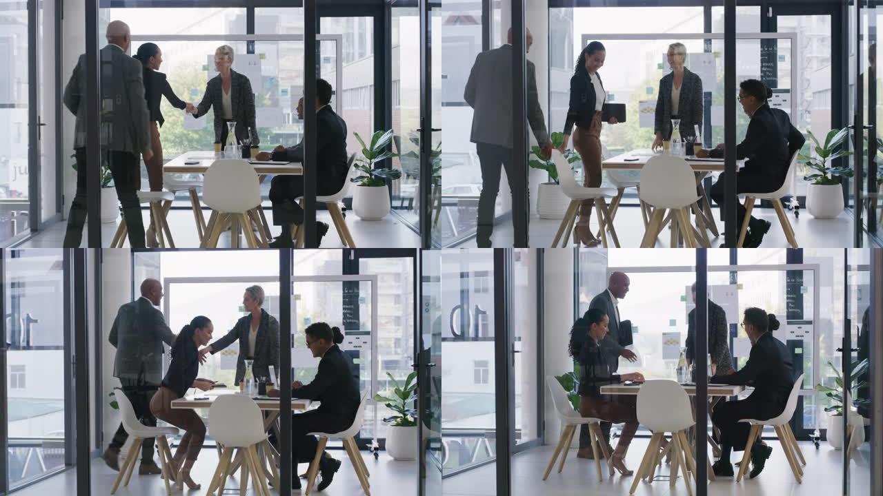 一群商人在办公室开会时握手的4k视频片段