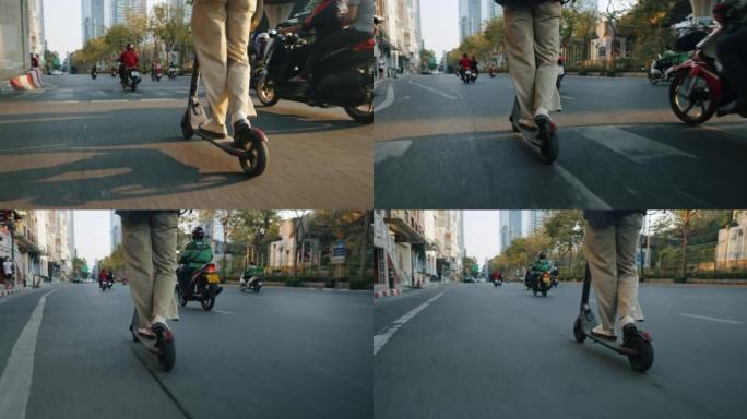 自由职业者在城市里使用电动滑板车