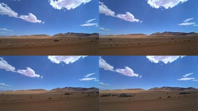 WS汽车视点驾驶穿越宁静的沙漠，纳米比亚，非洲