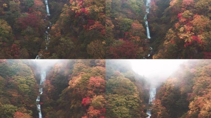 秋天的鸟瞰瀑布高山峰森林海云海翻滚