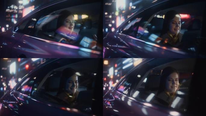 时尚的女性晚上坐出租车后座回家。美丽的女人乘客使用平板电脑，在城市街道上开着霓虹灯，看着窗外。