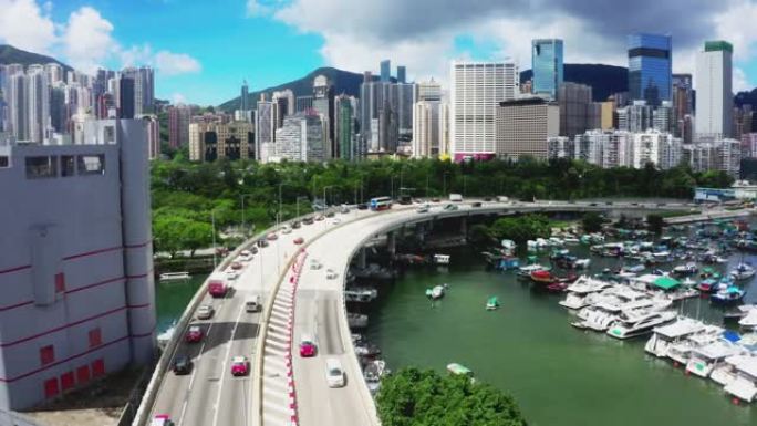 香港公路鸟瞰图公路大桥港湾气体渔船旅游区