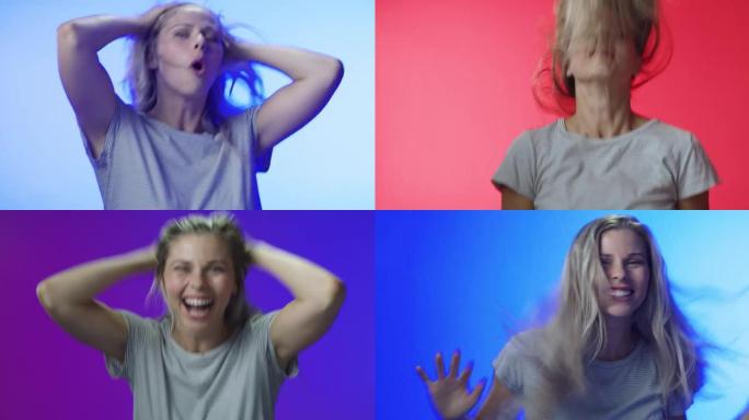 4k视频片段，一位迷人的年轻女子在色彩缤纷的工作室背景下跳舞