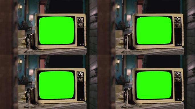 老式电视机绿色背景，带噪音、彩条和静电。