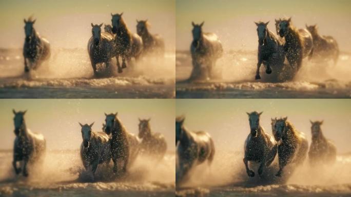 慢动作美丽的马匹在日出时在阳光明媚的海洋中奔跑