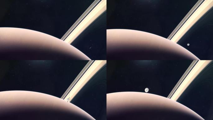 太空探测器和气体巨人土星2的逼真的建立镜头