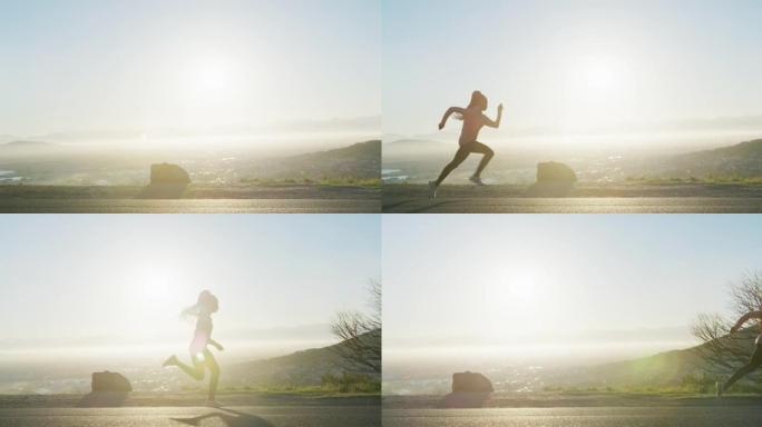 非裔美国妇女在日落时在乡村边户外跑步