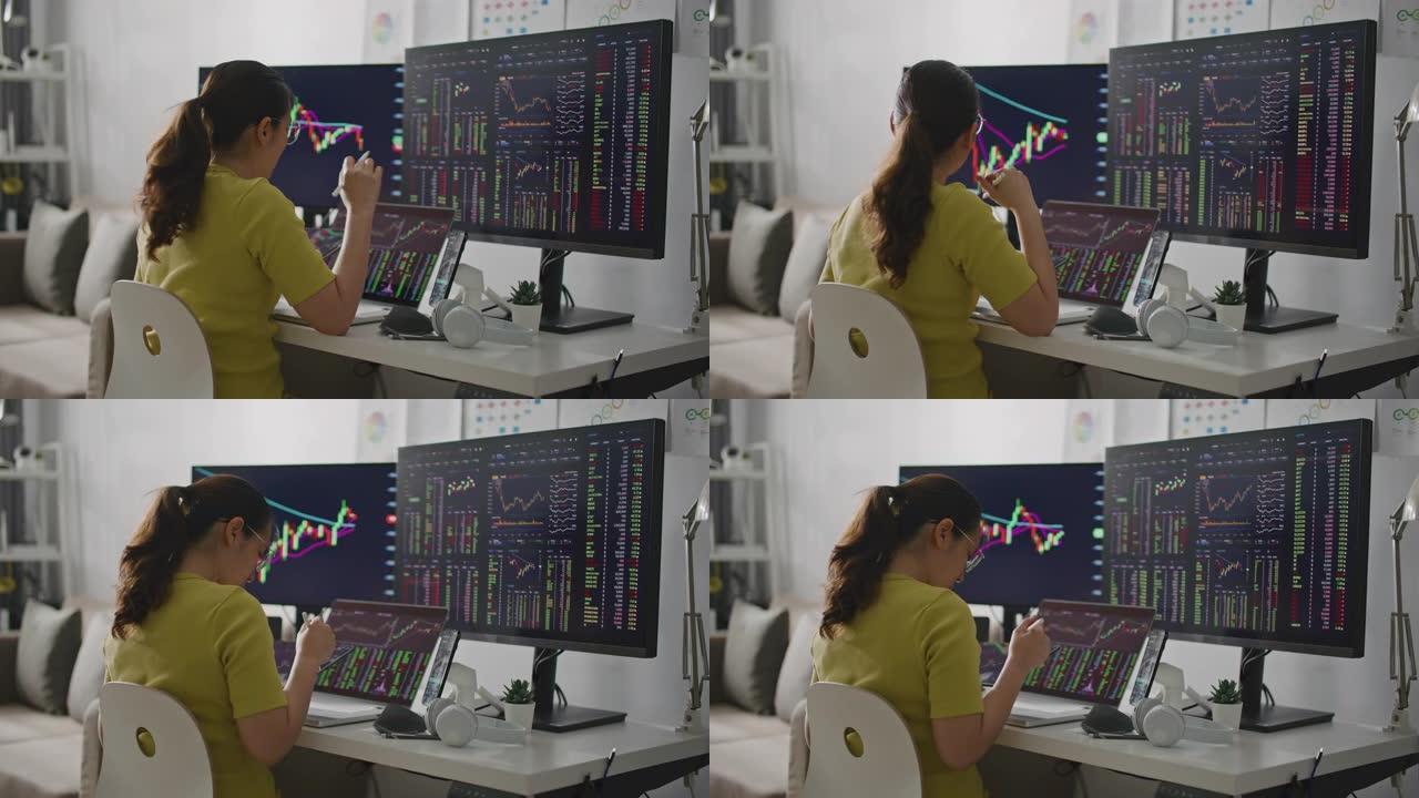 亚洲妇女在电脑上在家工作，同时交易股票市场并计算收益。