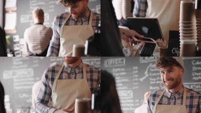 快乐咖啡师服务顾客使用智能手机非接触式支付在咖啡馆花钱买咖啡