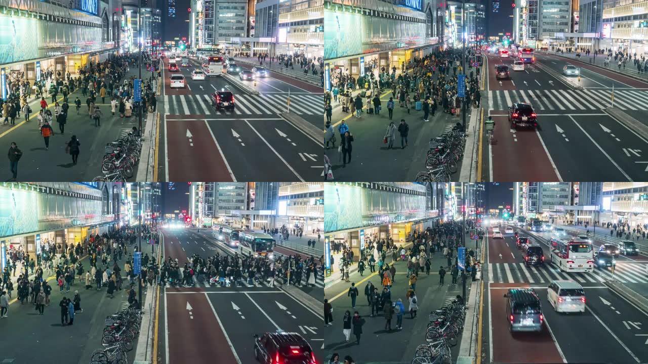 日本新宿东京夜间，人群在街上行走，交通拥挤的时间流逝