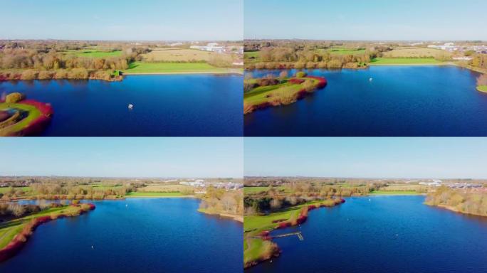 英国米尔顿凯恩斯村的航拍照片显示了一个大湖