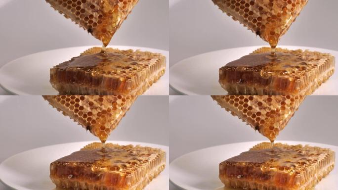 蜂蜜在蜂蜜梳子上流动