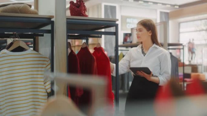 服装店: 女性视觉商品专业使用平板电脑打造时尚系列。时尚商店销售零售助理检查库存。小企业主订购项目