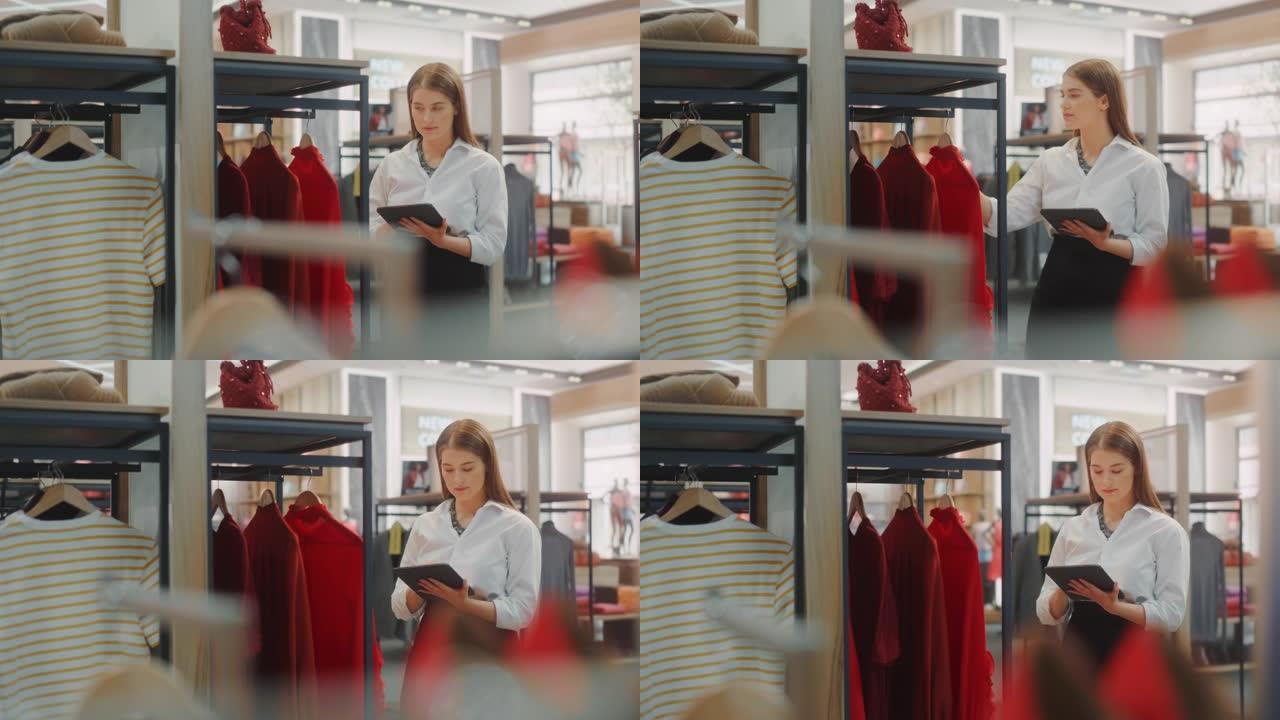 服装店: 女性视觉商品专业使用平板电脑打造时尚系列。时尚商店销售零售助理检查库存。小企业主订购项目