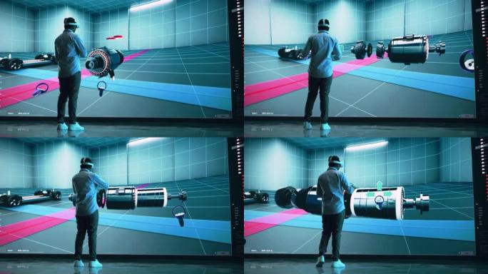汽车工程师使用VR软件在交互式环境中展示电动机和车辆平台。多民族工程师在他的项目中使用虚拟现实耳机和