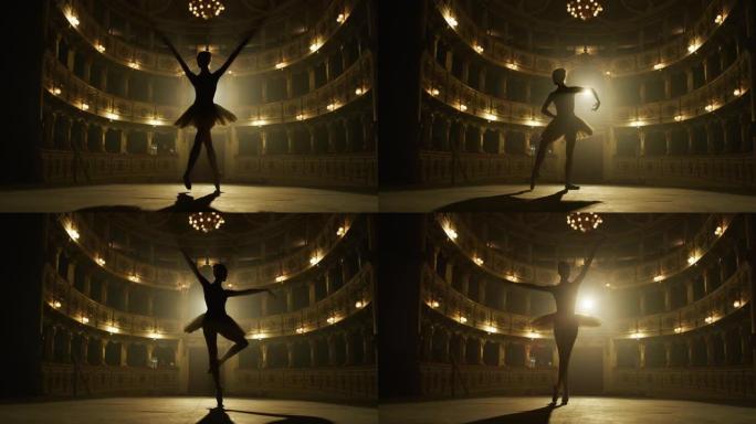 一位年轻优美的古典芭蕾舞女舞者穿着白色芭蕾舞短裙的电影镜头正在经典剧院舞台上进行编舞，并在演出开始前