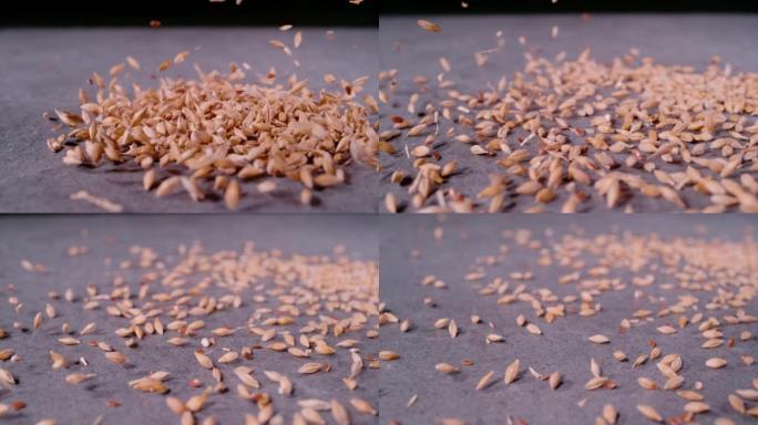 慢动作，特写: 慢动作中掉落的麦粒和亚麻籽