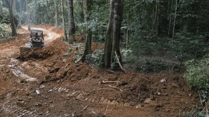 空中。推土机将道路变成热带雨林，便于接触原木树。气候变化。森林砍伐