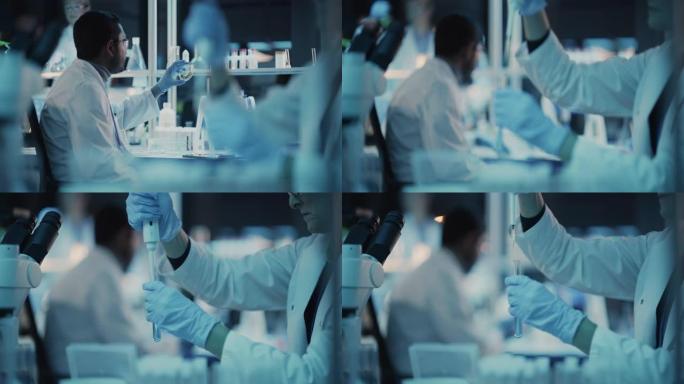 将焦点从在显微镜载玻片上研究DNA样本的印度男性转移到使用微量移液管在现代应用科学实验室的试管中混合