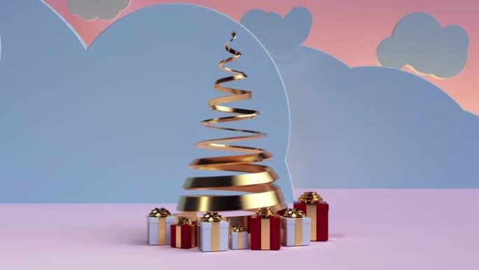 螺旋形式的金色圣诞树，周围摆放着礼物