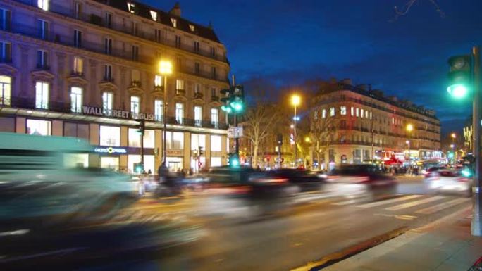 巴黎夜街车流穿梭车来车往街头街区街景