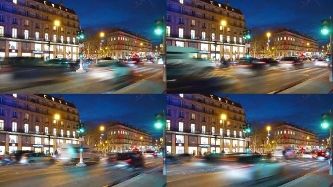 巴黎夜街车流穿梭车来车往街头街区街景