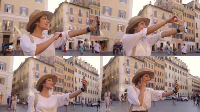 在罗马旅行的女性影响者在视频通话中交谈，看上去非常兴奋