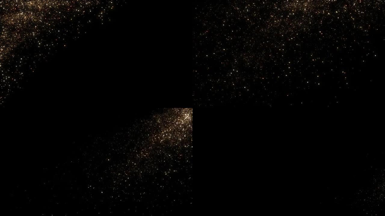 美丽的落下的金色灰尘在黑色背景上闪闪发光。发光的金色粒子漂浮在空气中魔法风格的3d动画。