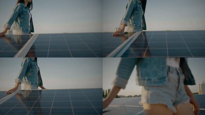 女人走路和触摸太阳能电池板