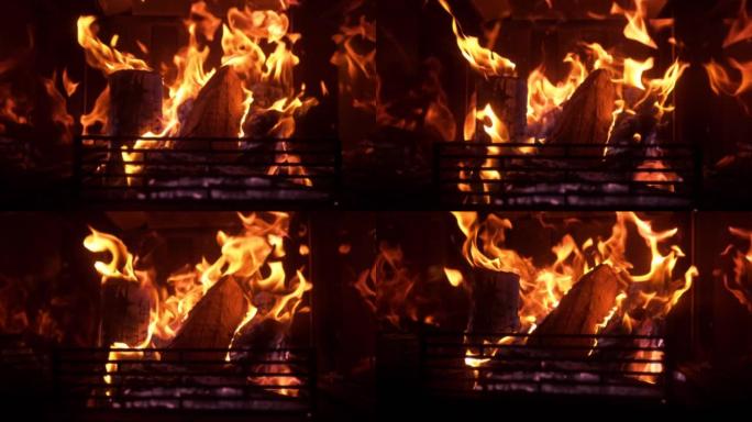 特写: 在寒冷的冬夜，浪漫的火在舒适的房子里燃烧。