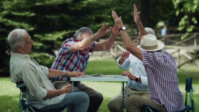 一群年长的男性朋友一起在公园里打牌，享受户外的夏日天气。老年玩家获得幸运的连胜。富有表现力的人庆祝胜