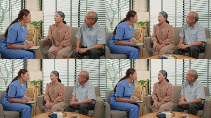 亚洲女医生与患者谈论他们的身体健康。在老人家里进行健康检查之前。