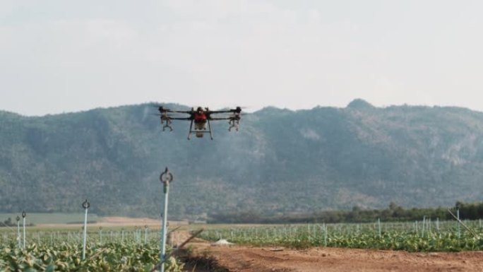 农业无人机飞向田间喷洒肥料