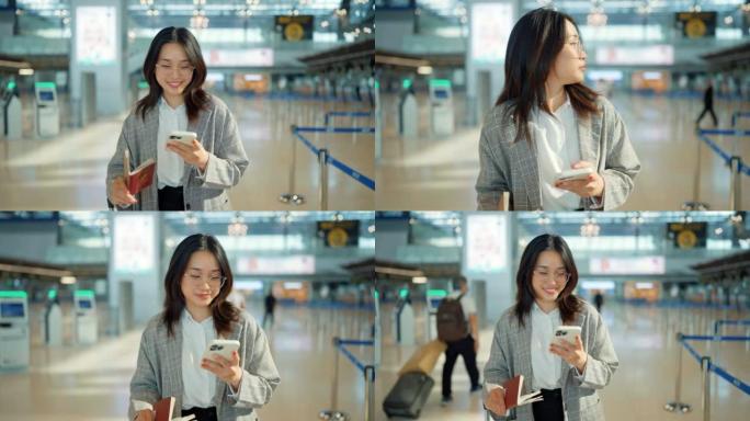 亚洲女商人拿着护照和行李在国际机场行走。