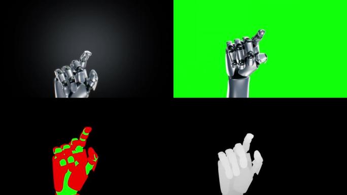 机器人手触摸屏幕特写3d动画Alpha Mask Z-Depth金属手指按下虚拟按钮。假肢。人工智能