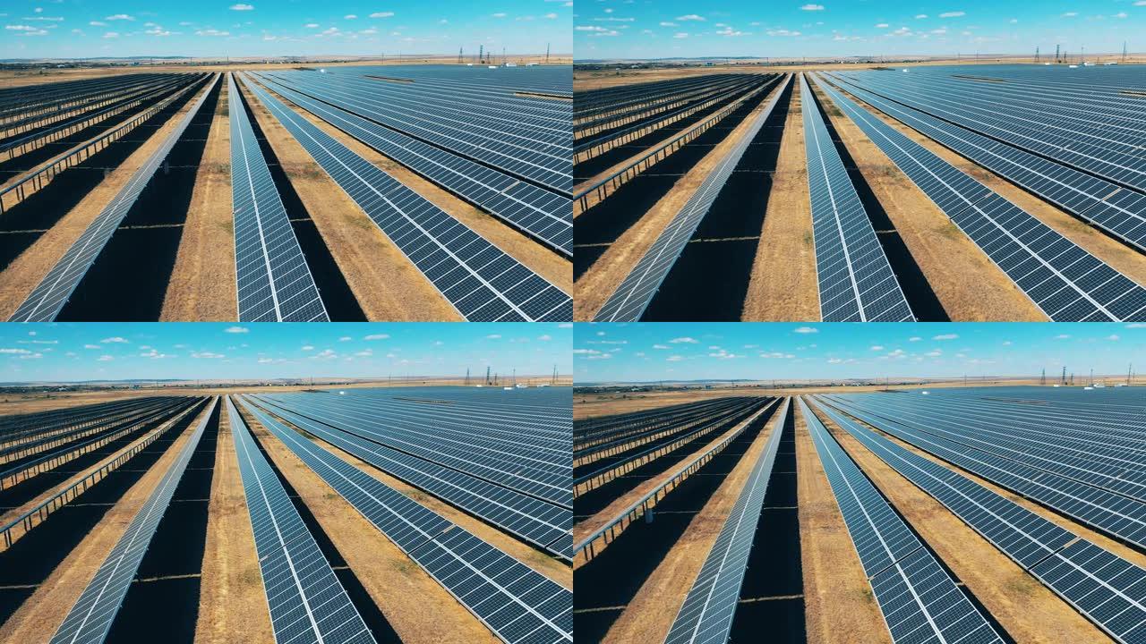太阳能电池板的侧视图。太阳能发电，太阳能电池板，太阳能农场概念。