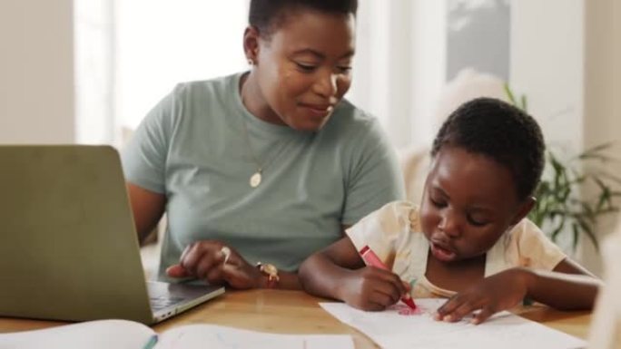 工作，母亲和女孩在餐桌上学习画画，自由职业者和女商人与女儿建立联系。黑人家庭，教育和父母的远程工作多