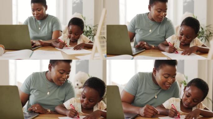 工作，母亲和女孩在餐桌上学习画画，自由职业者和女商人与女儿建立联系。黑人家庭，教育和父母的远程工作多