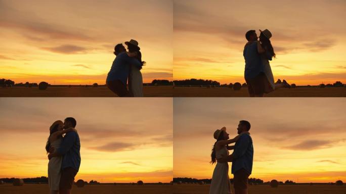 在农业领域中，成年夫妇互相奔跑，拥抱和亲吻的慢动作镜头