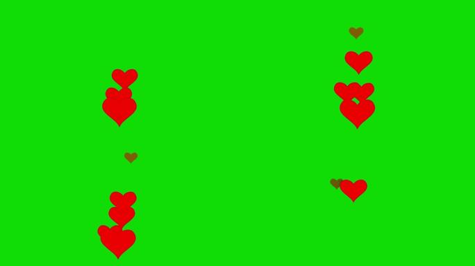 心脏图标在绿色背景上笔直向上移动，扁平风格的弹出爱符号，喜欢按钮的概念，吧台，设计元素，情感，社交媒