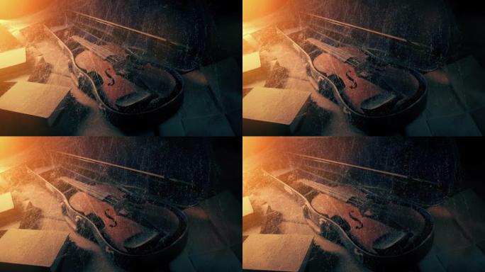 阁楼上的老小提琴在温暖的辉光-怀旧，回忆概念